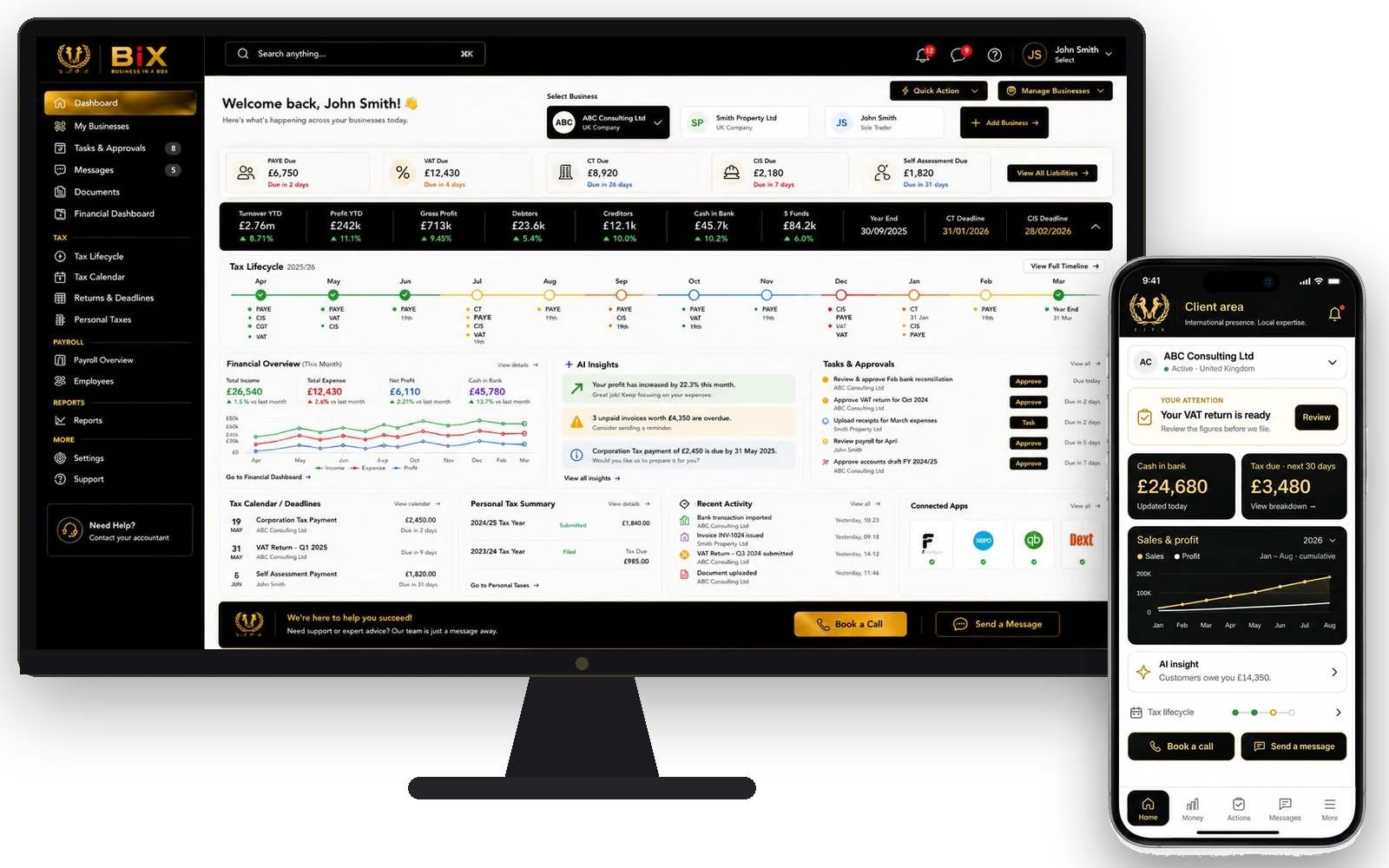 SJPR BiX client area on desktop and the SJPR BiX app on a phone